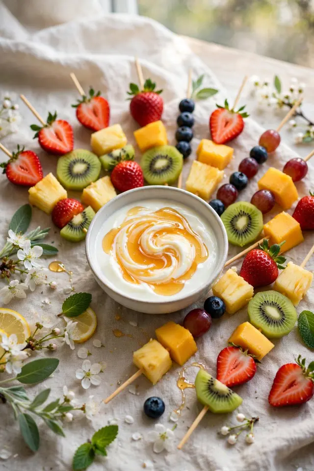 Honey Greek yogurt dip with fresh fruit skewers appetizer