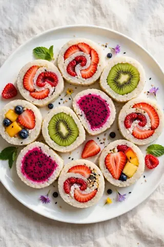 Fruit sushi rolls, a creative fruit platter for kids idea