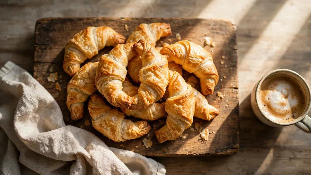 Freshly baked gipfeli recipe crescents on a wooden board with coffee