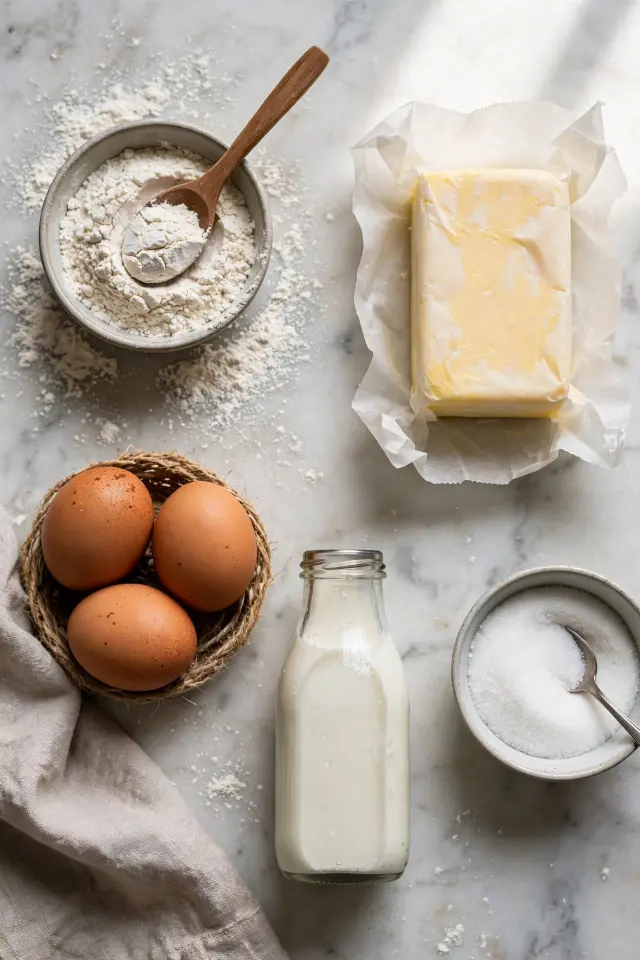 Ingredients for a homemade gipfeli recipe arranged on a countertop