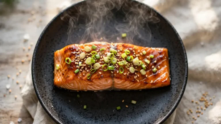 Japanese-style miso salmon with pink Himalayan salt on dark plate
