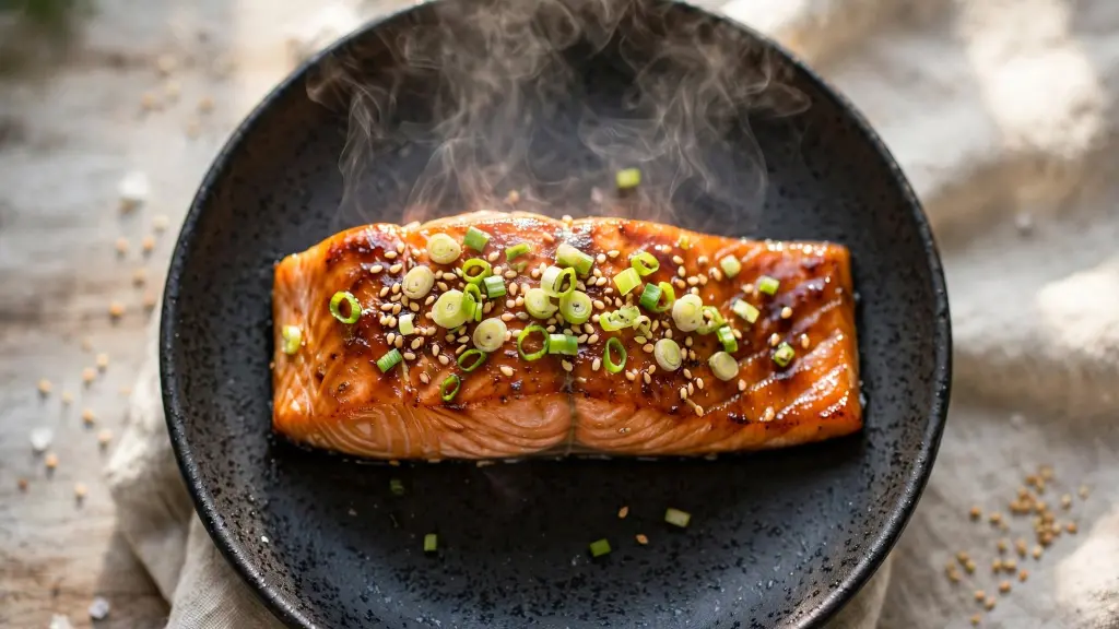 Japanese-style miso salmon with pink Himalayan salt on dark plate