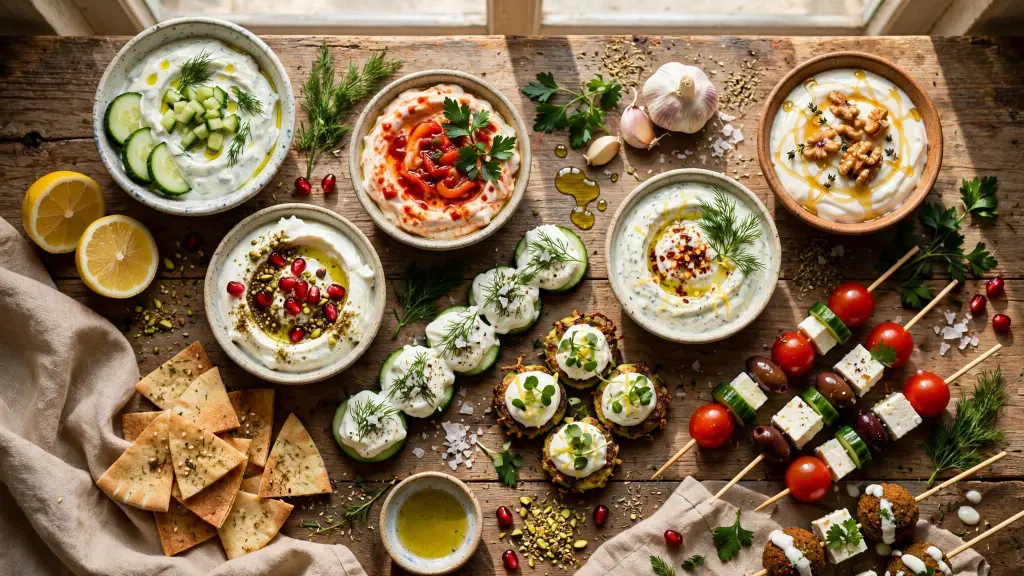 Collage of healthy Greek yogurt appetizers and easy finger foods