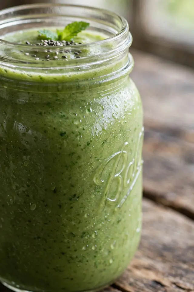 Close-up of a creamy green detox smoothie garnished with chia seeds