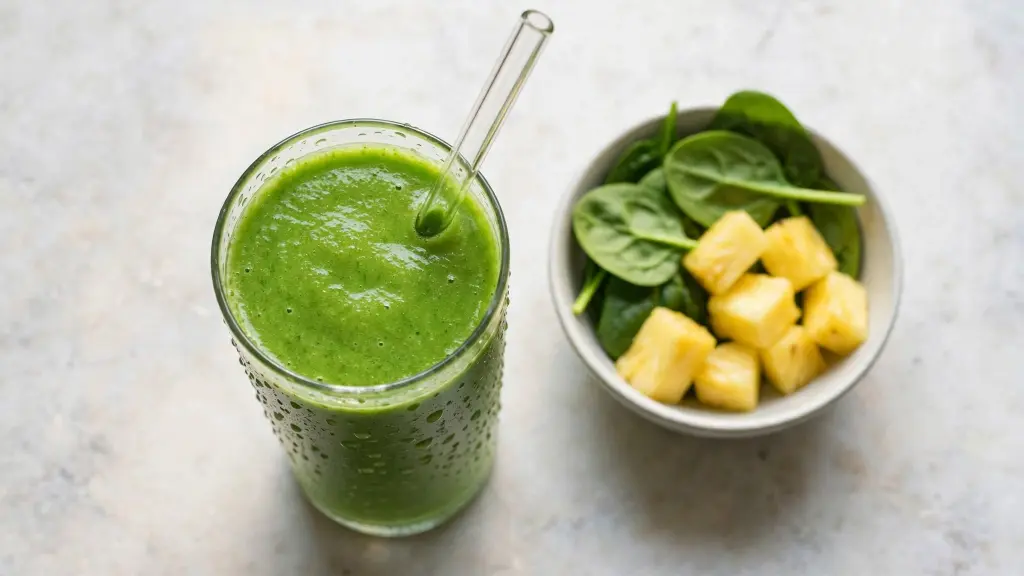 Green detox smoothie in a glass with spinach and pineapple garnish