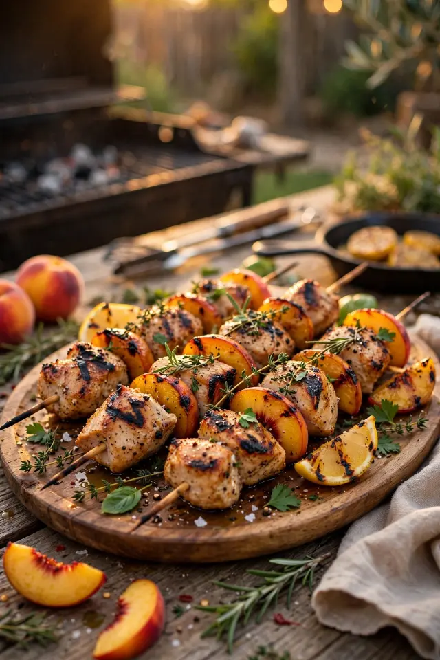 Grilled peach and chicken skewers on a serving platter
