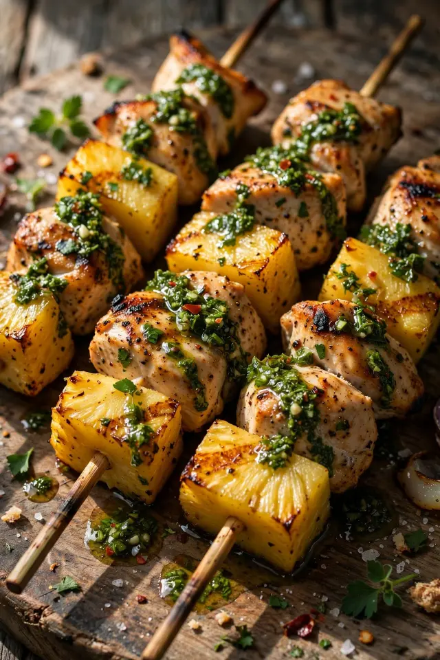 Grilled pineapple chicken skewers topped with fresh herb chimichurri