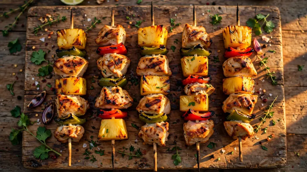 Collage of grilled pineapple chicken skewers with charred edges on a wooden board