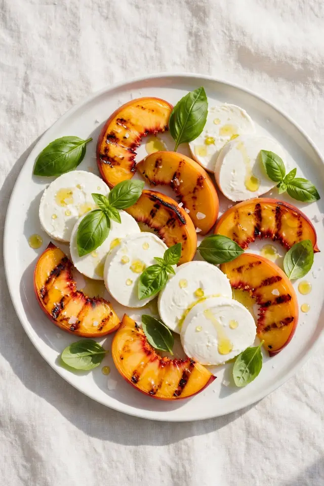Grilled peach caprese salad with mozzarella and basil
