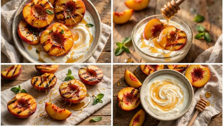 Collage of grilled peaches with honey yogurt recipes on a rustic table