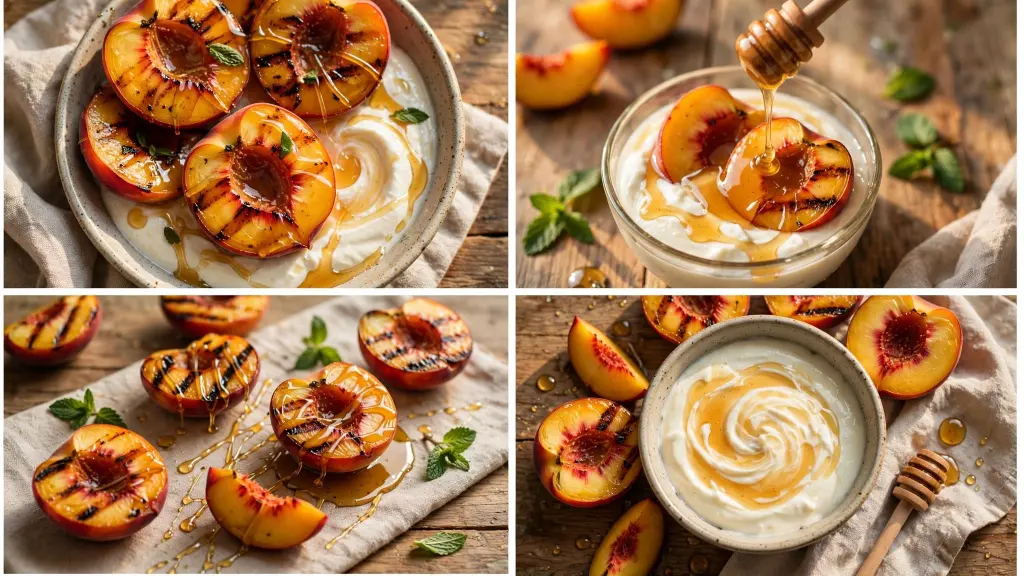 Collage of grilled peaches with honey yogurt recipes on a rustic table