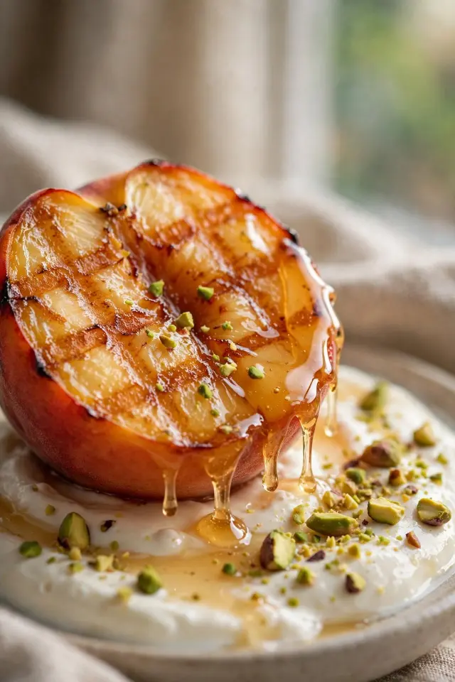 Close-up of grilled peach with honey yogurt and chopped pistachios