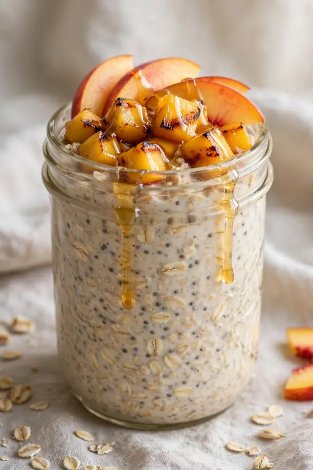 Grilled peach overnight oats in a glass jar