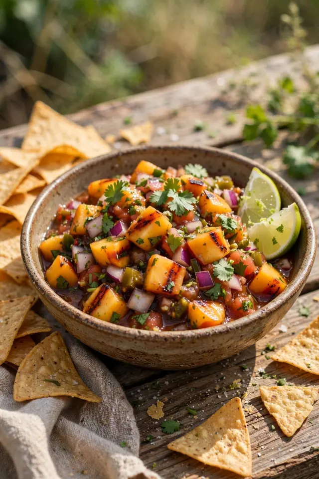 Grilled peach salsa with cilantro in a rustic bowl