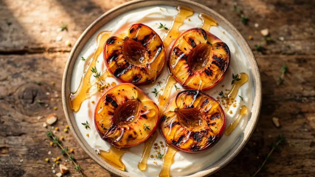 Grilled peaches with honey yogurt drizzled with honey on a rustic table