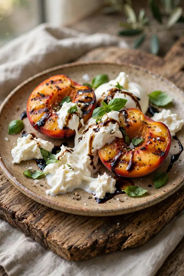 Balsamic grilled peaches with burrata cheese and basil