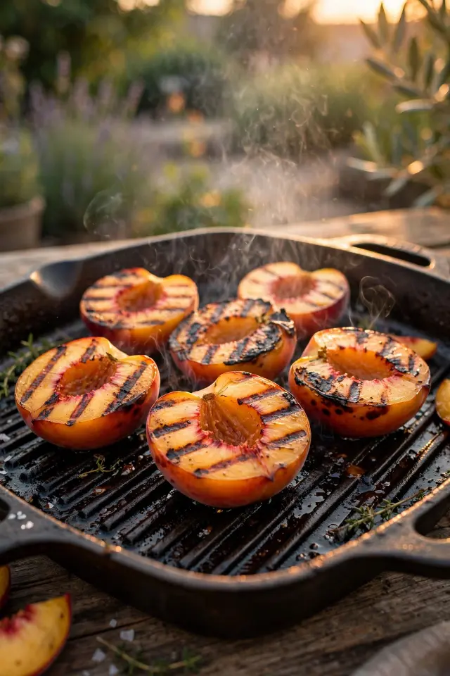 Grilled peaches with char marks prepared for smoky peach cobbler