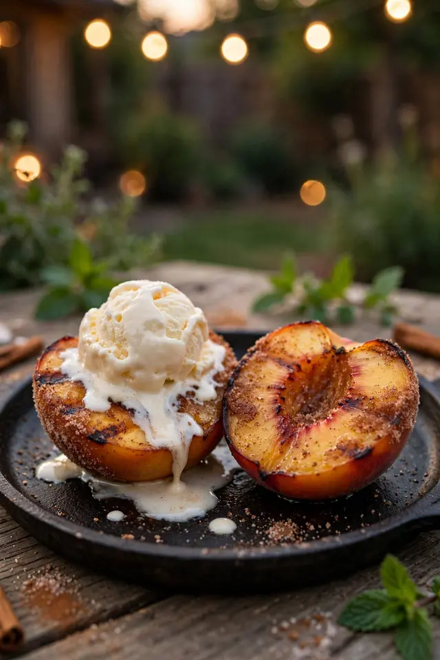 Cinnamon sugar grilled peaches with vanilla ice cream