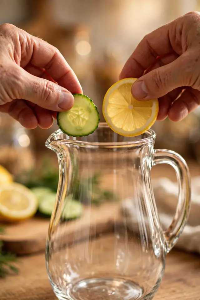Layering lemon and cucumber slices in the bottom of a glass pitcher