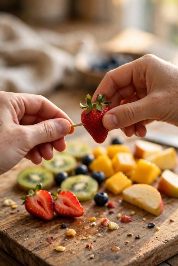 Threading fruit onto skewers while making fruit skewers for parties