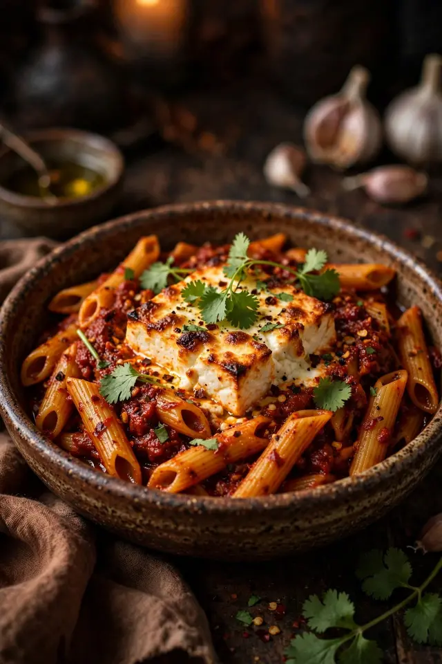 Harissa baked feta pasta with smoky spice