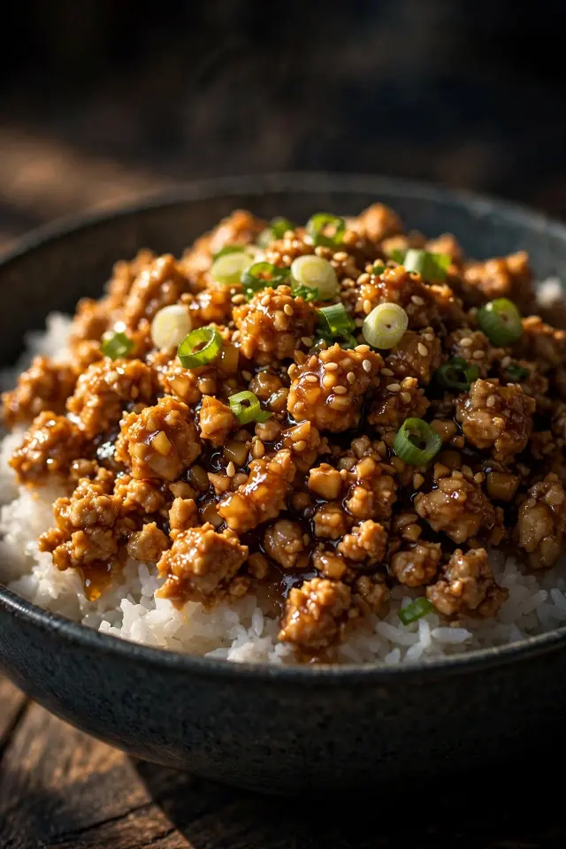  Plated honey garlic ground chicken recipe over rice close-up