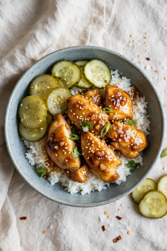  Honey garlic chicken rice bowl with pickled cucumber and sesame