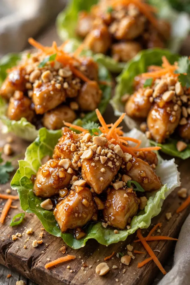  Honey garlic chicken lettuce wraps with peanuts and shredded carrot
