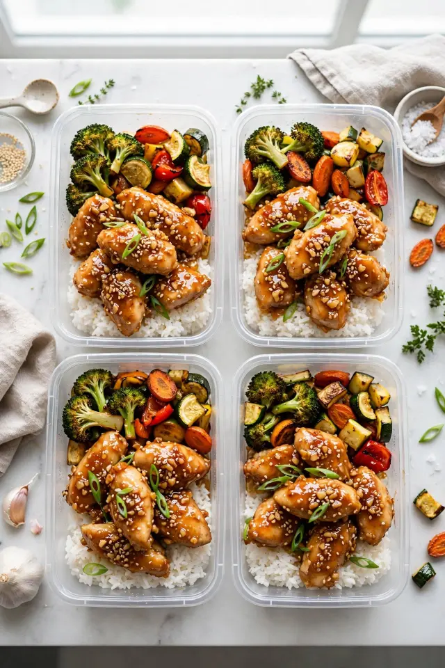  Honey garlic chicken meal prep bowls with rice and vegetables
