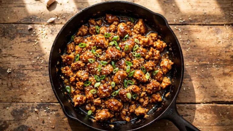 Honey garlic ground chicken skillet recipe garnished with scallions and sesame seeds