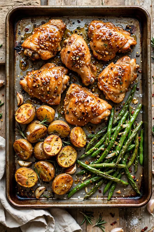  Honey garlic chicken sheet pan dinner with potatoes and green beans
