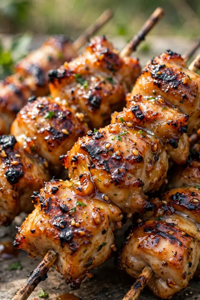 [IMAGE PLACEHOLDER: Grilled chicken skewers with charred edges]
Image Prompt: Close-up of grilled honey garlic chicken skewers with charred caramelized edges, smoky grill marks, outdoor daylight