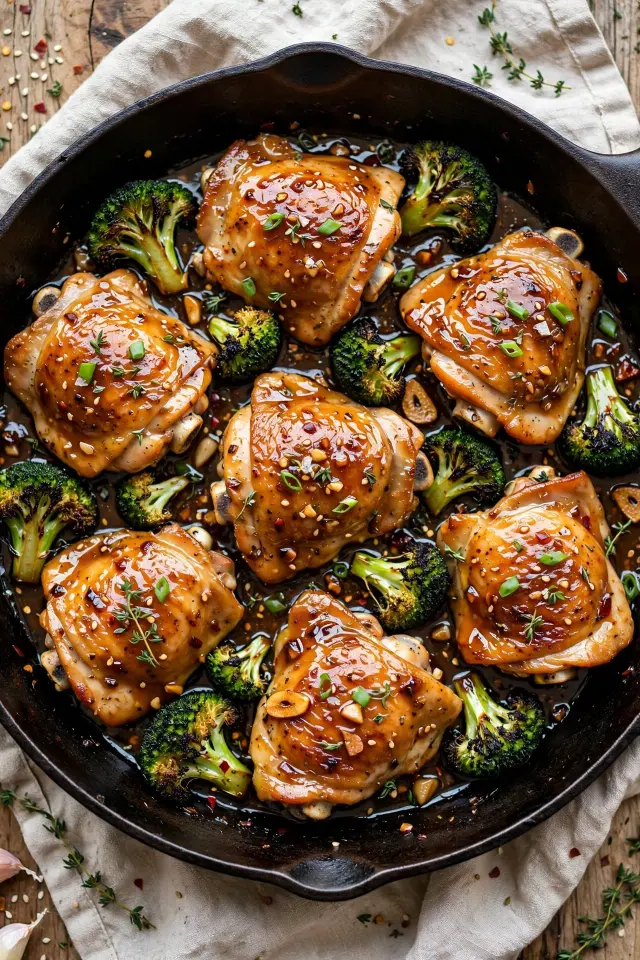 Honey garlic chicken thighs skillet with charred broccoli