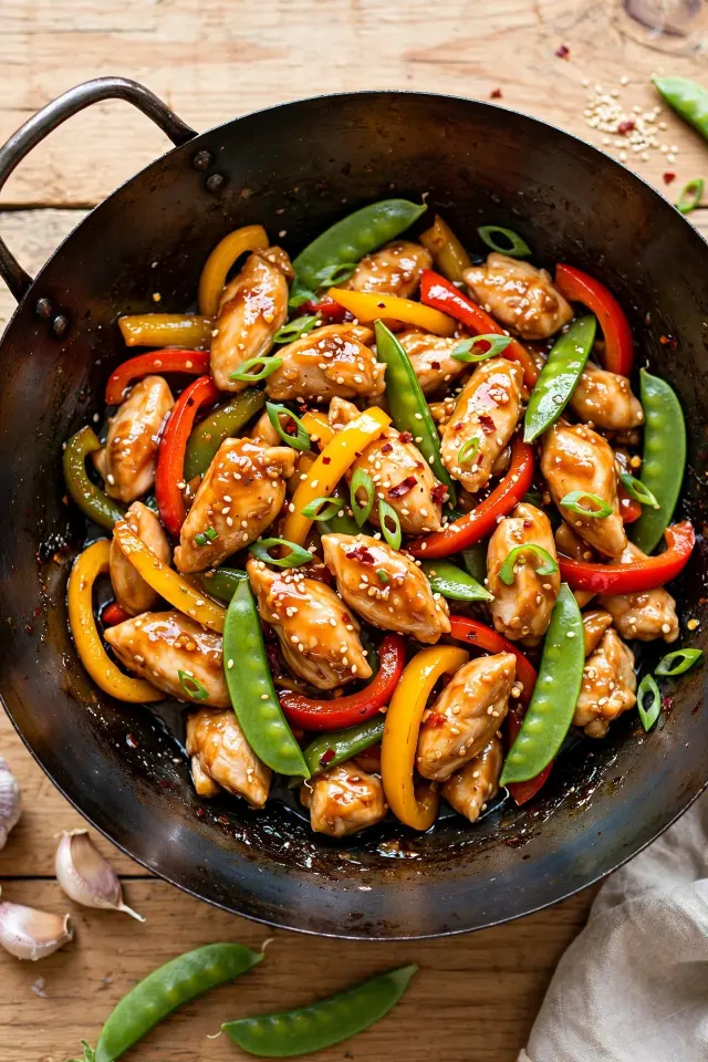 Honey garlic chicken stir-fry with crisp vegetables in glossy sauce