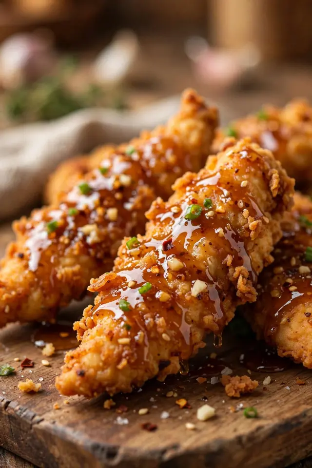 Crispy honey garlic chicken tenders drizzled with sticky glaze