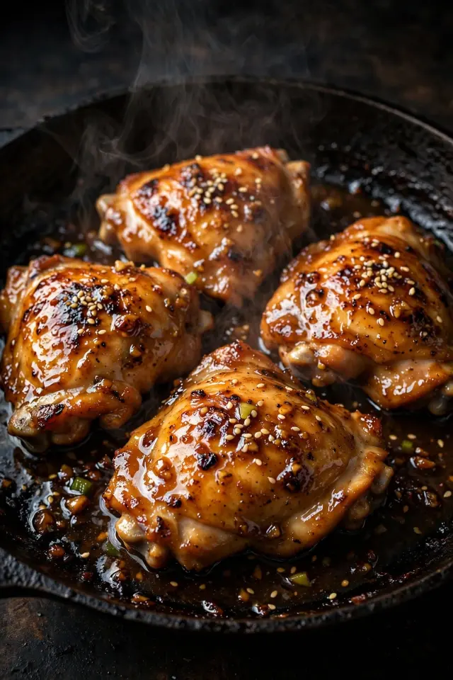 Sticky honey garlic skillet chicken thighs glazed in savory sauce