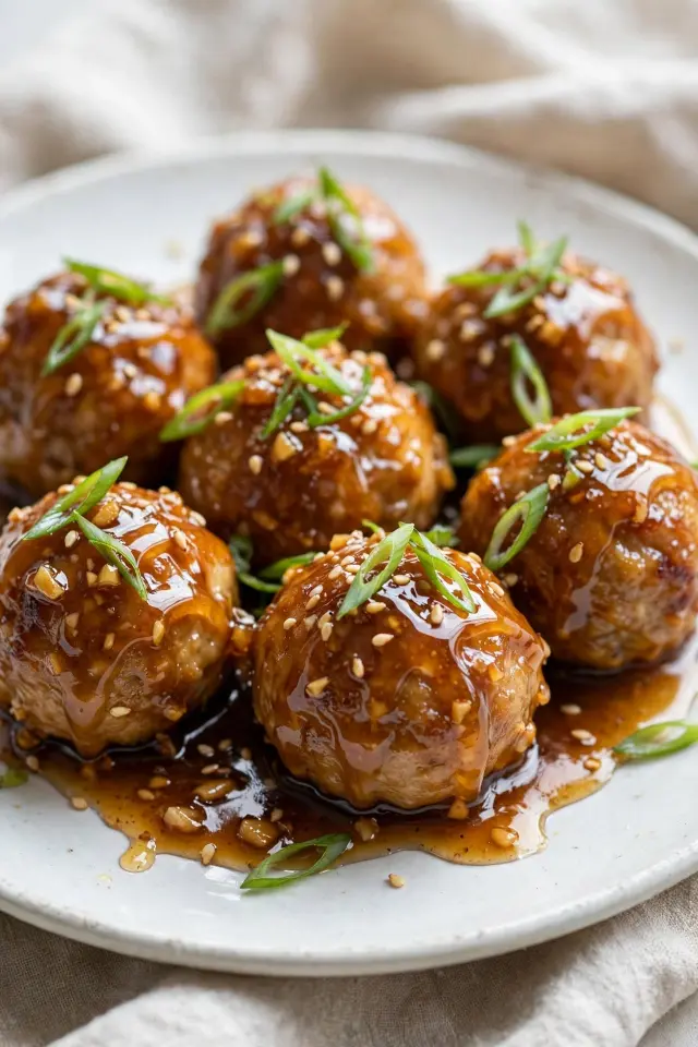 Honey garlic chicken meatballs glazed and garnished with scallions