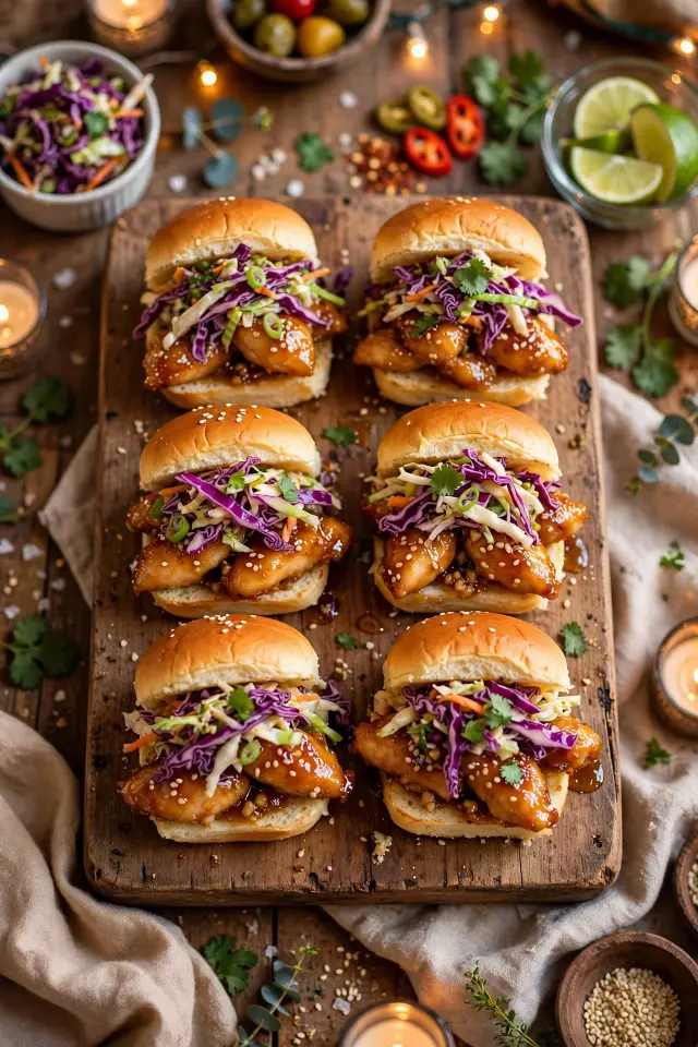  Honey garlic chicken sliders topped with crunchy slaw