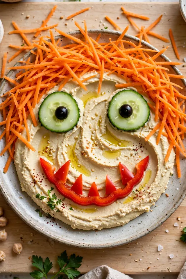 Veggie monster face food art idea for kids using hummus and vegetables