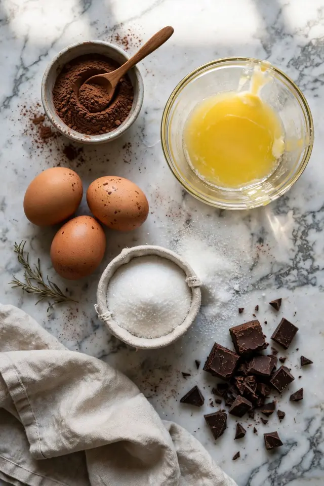 Ingredients for chewy brownies including cocoa, butter, eggs, and chocolate