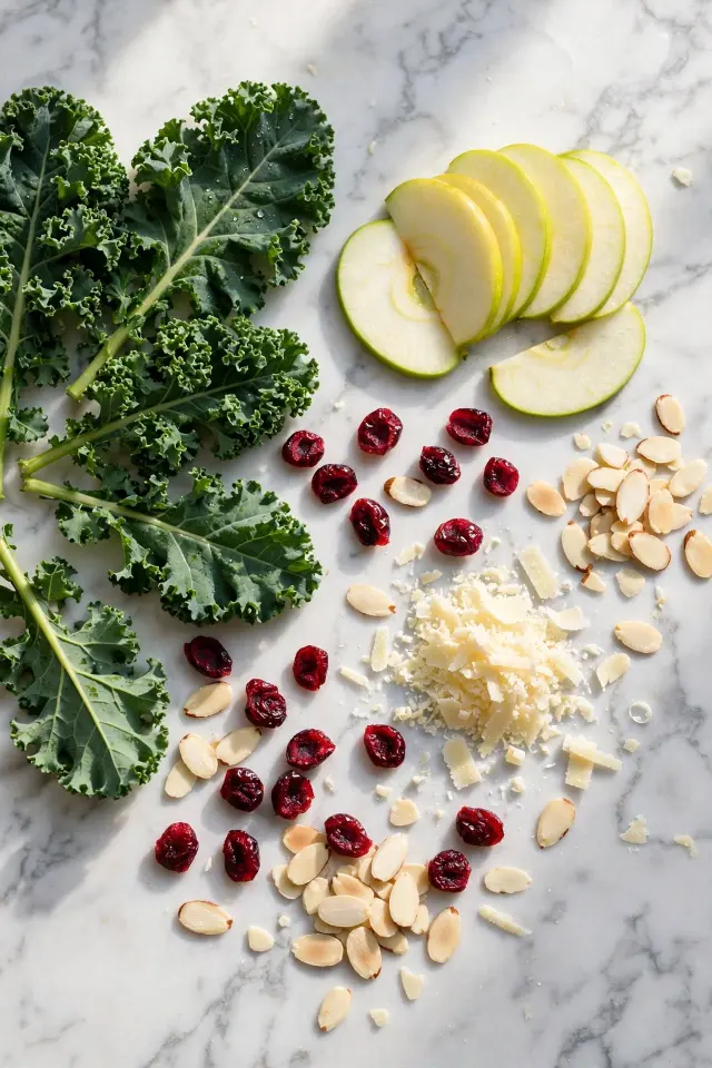  Ingredients for kale crunch salad recipe laid out on counter