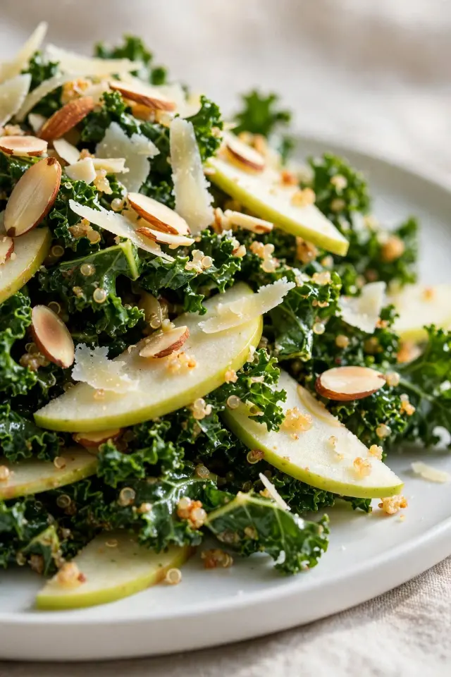 Close-up of kale crunch salad recipe plated with apple and almonds
