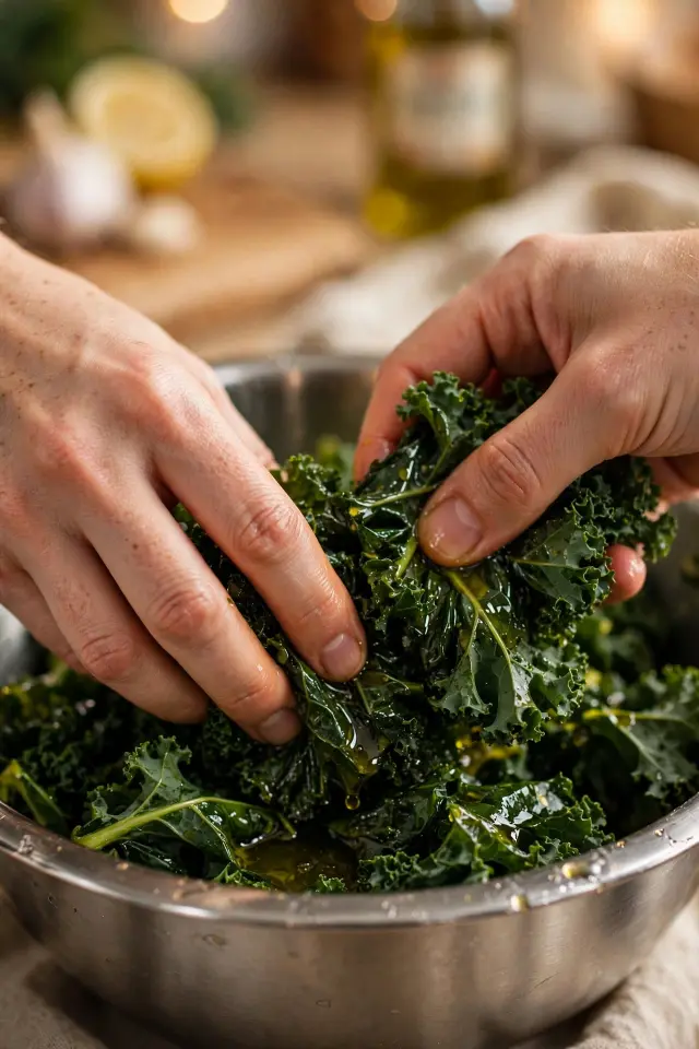 Massaging kale leaves for kale crunch salad recipe