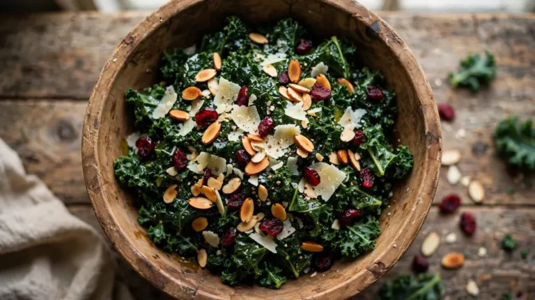 Kale crunch salad recipe in a wooden bowl with almonds and parmesan