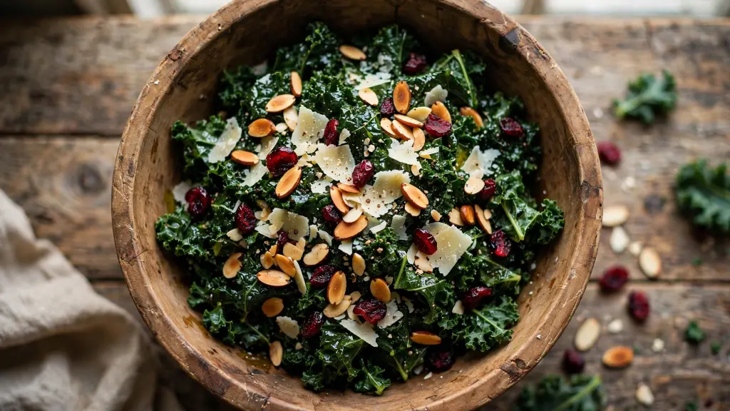 Kale crunch salad recipe in a wooden bowl with almonds and parmesan