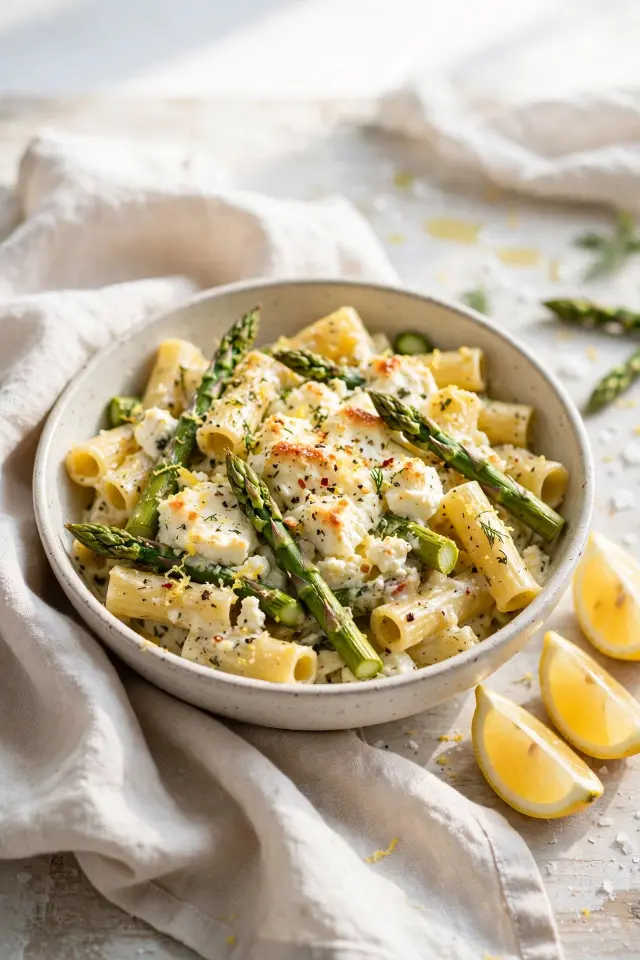 Lemon asparagus baked feta pasta with fresh herbs