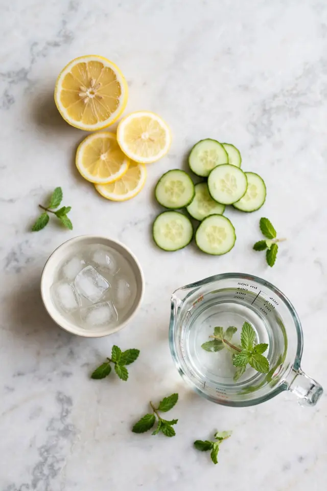 "Ingredients for ice water hack recipe laid out on a counter including lemon, cucumber, mint, and ice" | Image prompt