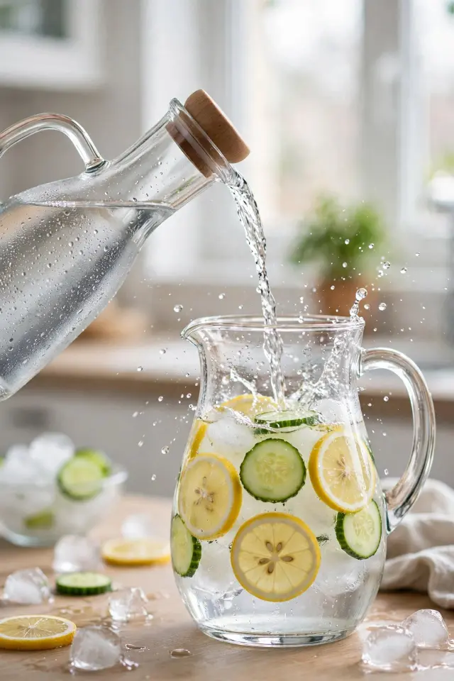 Pouring cold water over ice and fruit in a glass pitcher