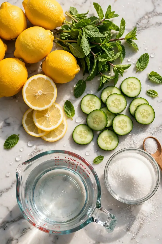 Fresh ingredients for cucumber mint lemonade including lemons, cucumber, and mint