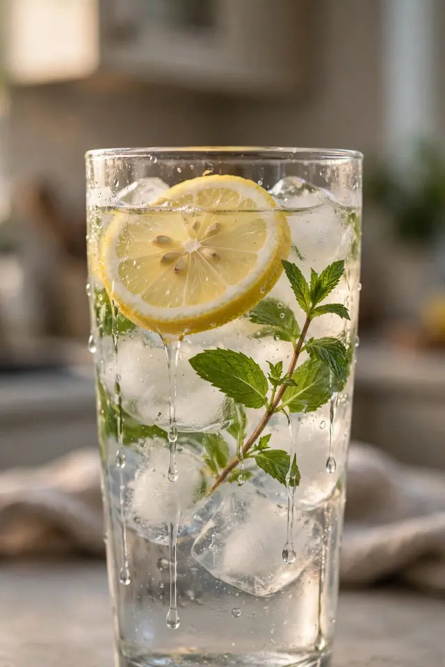 Glass of ice water hack recipe garnished with lemon and mint"